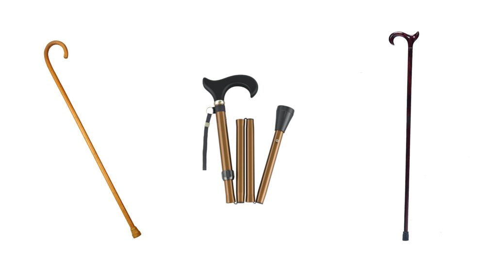 左からステッキ、折りたたみ式の杖、グリップ部分が特殊な形状の杖が並んだ画像