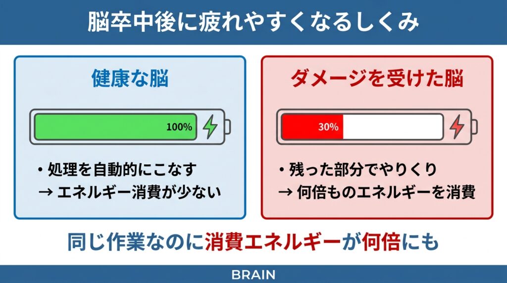 脳卒中後に疲れやすくなるしくみの比較図。左側「健康な脳」はバッテリー100%で処理を自動的にこなしエネルギー消費が少ない。右側「ダメージを受けた脳」はバッテリー30%で残った部分でやりくりし何倍ものエネルギーを消費。同じ作業なのに消費エネルギーが何倍にもなることを示している。
