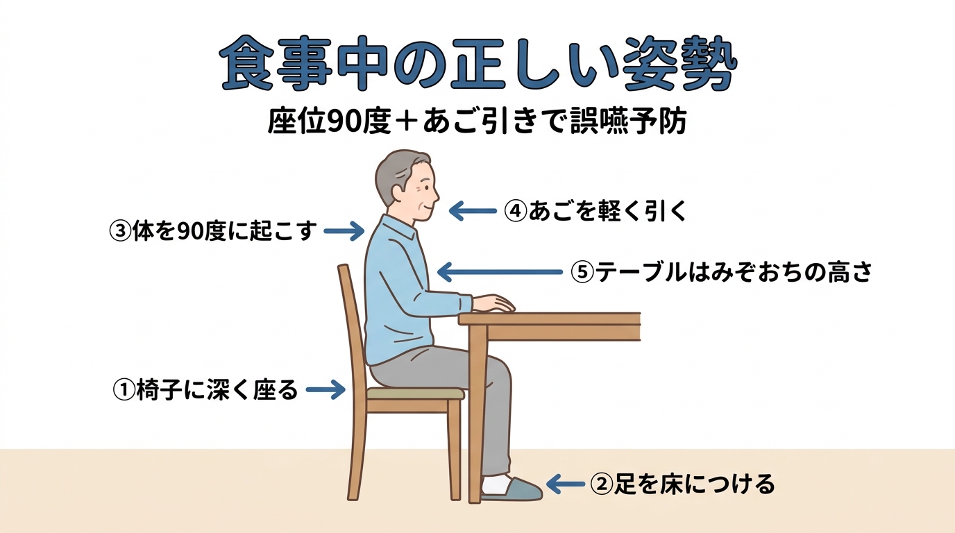 食事中の正しい姿勢の解説図：椅子に深く座り、足を床につけ、体を90度に起こし、あごを軽く引き、テーブルはみぞおち付近の高さで肘が自然に置ける高さ