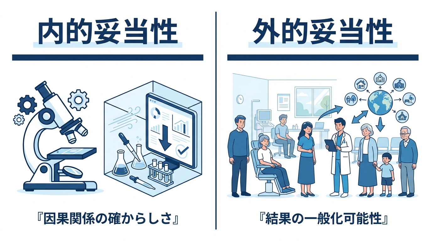 内的妥当性と外的妥当性の比較マトリクス｜内的妥当性は因果関係の確からしさ、外的妥当性は結果の一般化可能性