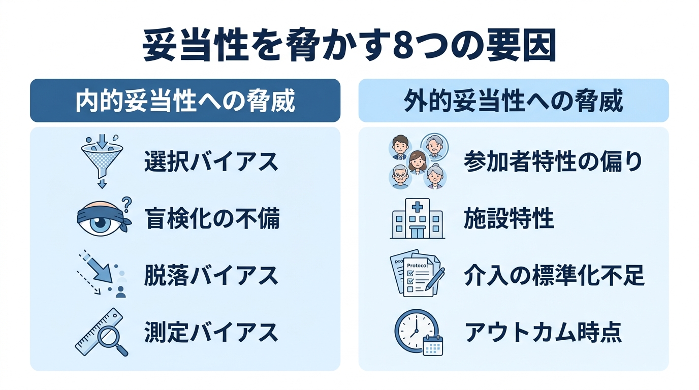 妥当性を脅かす8つの要因｜内的妥当性4要因と外的妥当性4要因の一覧