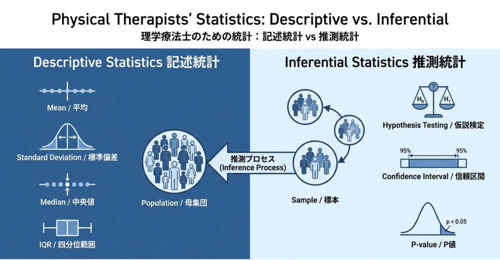 記述統計と推測統計の違いを示す概念図