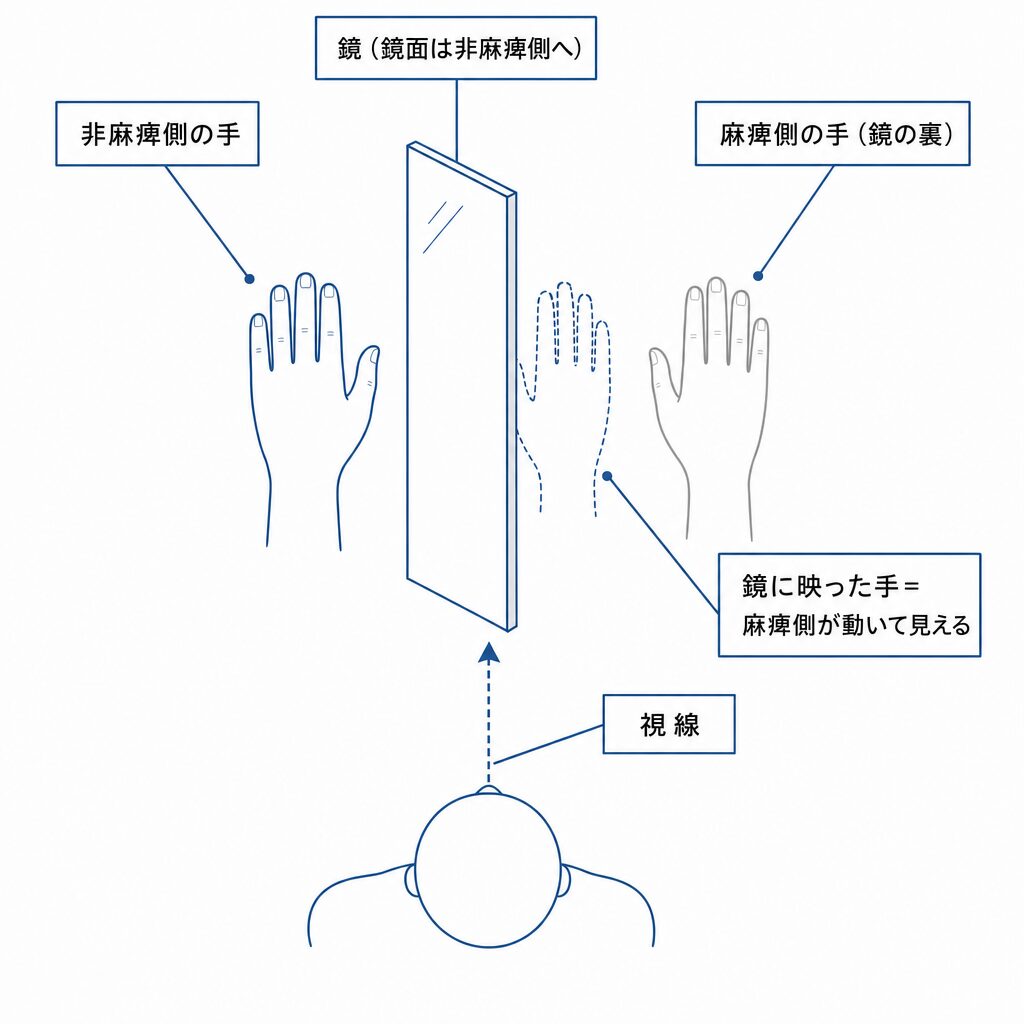 ミラーセラピー（上肢）のセットアップを真上から見た模式図。両手の間に鏡を置き、鏡面を非麻痺側に向ける。患者が鏡を見ながら非麻痺側の手を動かすと、鏡に映った像が麻痺側の位置に重なり、あたかも麻痺側が動いているように見える仕組みを示している。