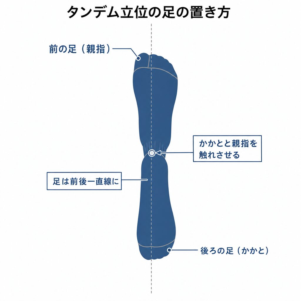 タンデム立位の正しい足の位置を真上から示した図。片方の足のかかとを、もう一方の足の親指に触れるように、左右の足を前後一直線に並べます。左右に横並び(平行)で立つのではなく一列にするのが正しいやり方で、この姿勢を1秒以上保てるかを確認します。